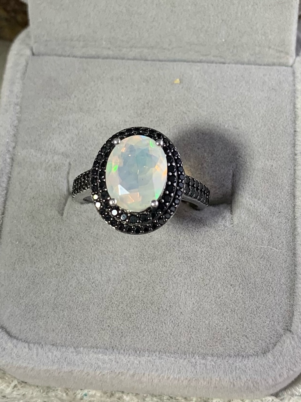 Sterling Silver Opal Oval Halo Ring with Black Spinel 6.25